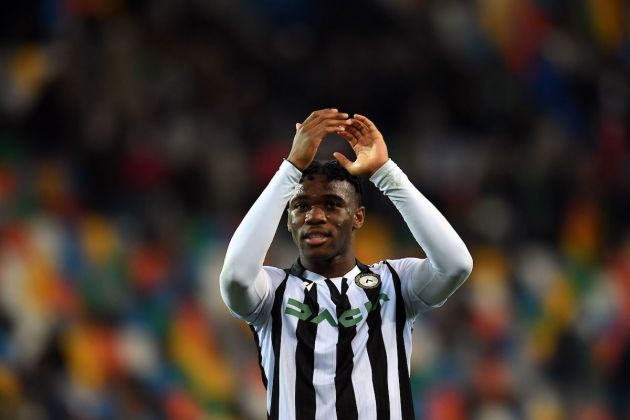 UDINE, ITALY - NOVEMBER 07: Destiny Udogie of Udinese Calcio celebrates the victory during the Serie A match between Udinese Calcio v US Sassuolo at Dacia Arena on November 07, 2021 in Udine, Italy. (Photo by Alessandro Sabattini/Getty Images)