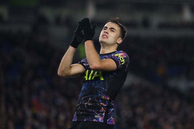 BRIGHTON, ENGLAND - MARCH 16: Sergio Reguilon of Tottenham Hotspur reacts during the Premier League match between Brighton & Hove Albion and Tottenham Hotspur at American Express Community Stadium on March 16, 2022 in Brighton, England. (Photo by Julian Finney/Getty Images)