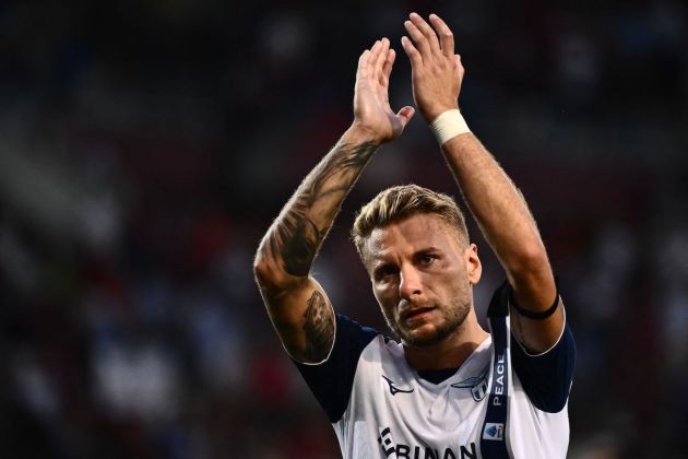 Lazio forward Ciro Immobile acknowledges the public at the end of the Italian Serie A football match between Torino and Lazio, on August 20, 2022 at the stadio Olimpico in Turin. (Photo by MARCO BERTORELLO / AFP) (Photo by MARCO BERTORELLO/AFP via Getty Images)