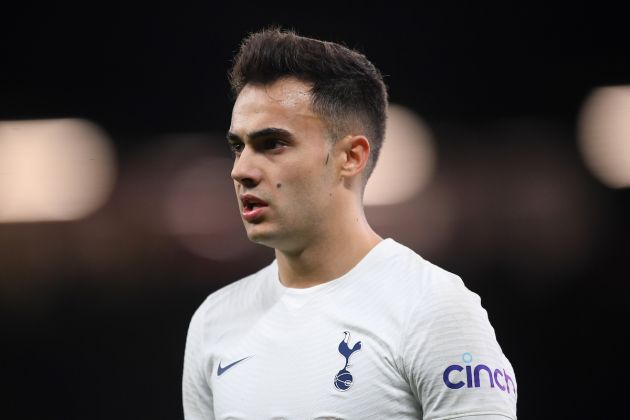 MANCHESTER, ENGLAND - MARCH 12: Lazio linked Sergio Reguilon of Spurs looks on during the Premier League match between Manchester United and Tottenham Hotspur at Old Trafford on March 12, 2022 in Manchester, England. (Photo by Michael Regan/Getty Images)
