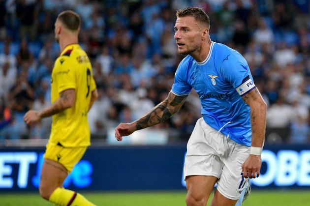 ROME, ITALY - AUGUST 14: Ciro Immobile of SS Lazio celebrates a second goal with his teamatesduring the Serie A match between SS Lazio and Bologna FC at Stadio Olimpico on August 14, 2022 in Rome, Italy. (Photo by Marco Rosi - SS Lazio/Getty Images)