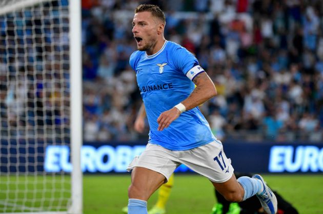 ROME, ITALY - AUGUST 14: Ciro Immobile of SS Lazio celebrates a second goal with his teamates during the Serie A match between SS Lazio and Bologna FC at Stadio Olimpico on August 14, 2022 in Rome, Italy. (Photo by Marco Rosi - SS Lazio/Getty Images)