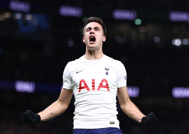 LONDON, ENGLAND - NOVEMBER 21: Lazio target Sergio Reguilon of Tottenham Hotspur celebrates after scoring his teams second goal during the Premier League match between Tottenham Hotspur and Leeds United at Tottenham Hotspur Stadium on November 21, 2021 in London, England. (Photo by Ryan Pierse/Getty Images)