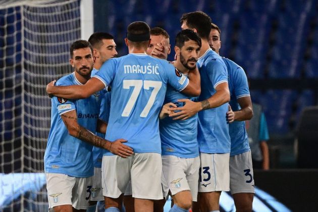 Lazio Spanish forward Luis Alberto (C) celebrates with teammates after scoring the opening goal during the UEFA Europa League Group F first leg football match between SS Lazio and Feyenoord Rotterdam at the Olympic stadium in Rome on September 8, 2022. (Photo by Vincenzo PINTO / AFP) (Photo by VINCENZO PINTO/AFP via Getty Images)