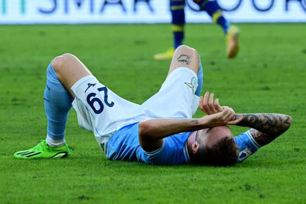 Lazio defender Manuel Lazzari reacts after he missed a score during the Italian Serie A football match betwen Lazio and Hellas Verona at the Olympic stadium in Rome on September 11, 2022. (Photo by Vincenzo PINTO / AFP) (Photo by VINCENZO PINTO/AFP via Getty Images)