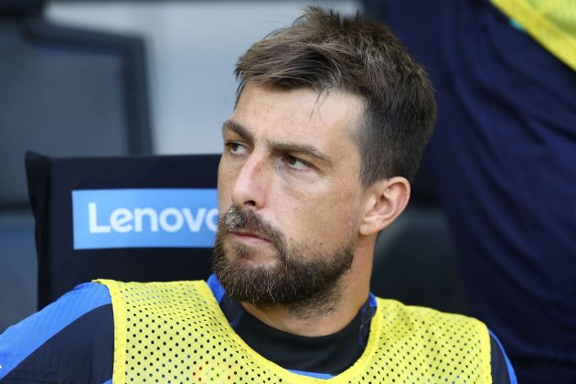 MILAN, ITALY - SEPTEMBER 10: Francesco Acerbi of FC Internazionale looks on before the Serie A match between FC Internazionale and Torino FC at Stadio Giuseppe Meazza on September 10, 2022 in Milan, Italy. (Photo by Marco Luzzani/Getty Images)