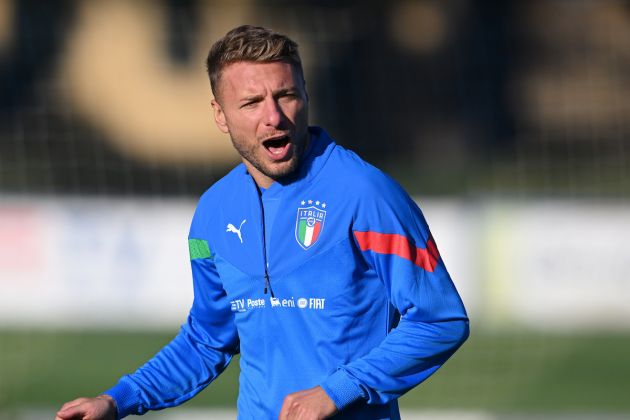 FLORENCE, ITALY - SEPTEMBER 21: Ciro Immobile of Italy in action during a Italy training session at Centro Tecnico Federale di Coverciano on September 21, 2022 in Florence, Italy. (Photo by Claudio Villa/Getty Images)