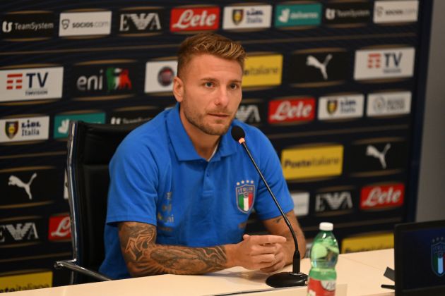 FLORENCE, ITALY - SEPTEMBER 21: Ciro Immobile of Italy speaks with the media during a press conference at Centro Tecnico Federale di Coverciano on September 21, 2022 in Florence, Italy. (Photo by Claudio Villa/Getty Images)