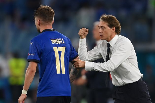 ROME, ITALY - JUNE 16: Ciro Immobile of Italy is congratulated by Roberto Mancini, Head Coach of Italy after scoring his teams third gaol during the UEFA Euro 2020 Championship Group A match between Italy and Switzerland at Olimpico Stadium on June 16, 2021 in Rome, Italy. (Photo by Mike Hewitt/Getty Images)