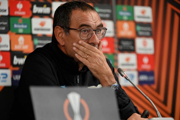 HERNING, DENMARK - SEPTEMBER 14: SS Lazio head coach Maurizio Sarri gestures during the press conference at the MCH arena on September 14, 2022 in Herning, Denmark. (Photo by Marco Rosi - SS Lazio/Getty Images)