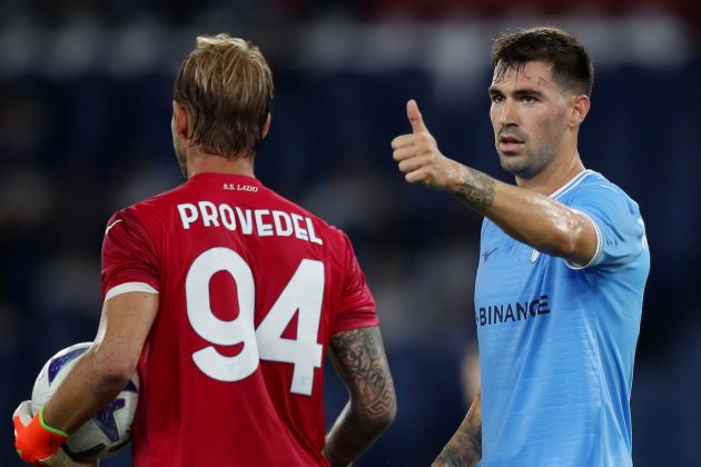ROME, ITALY - AUGUST 26: Alessio Romagnoli and Ivan Provedel of SS Lazio reacts during the Serie A match between SS Lazio and FC Internazionale at Stadio Olimpico on August 26, 2022 in Rome, Italy. (Photo by Paolo Bruno/Getty Images)