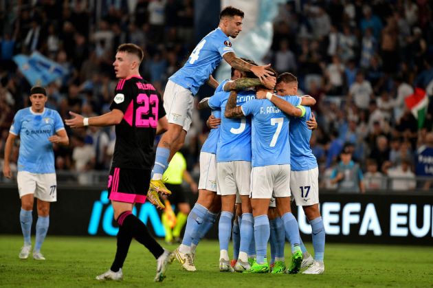 ROME, ITALY - SEPTEMBER 08: Luis Alberto of SS Lazio celebrates a opening goal with his teamamtes during the UEFA Europa League group F match between SS Lazio and Feyenoord at Stadio Olimpico on September 08, 2022 in Rome, Italy. (Photo by Marco Rosi - SS Lazio/Getty Images)