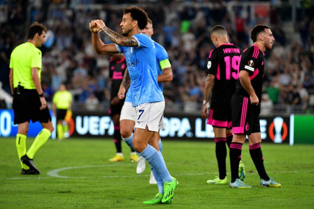 ROME, ITALY - SEPTEMBER 08: Felipe Anderson of SS Lazio celebrates a second goal during the UEFA Europa League group F match between SS Lazio and Feyenoord at Stadio Olimpico on September 08, 2022 in Rome, Italy. (Photo by Marco Rosi - SS Lazio/Getty Images)