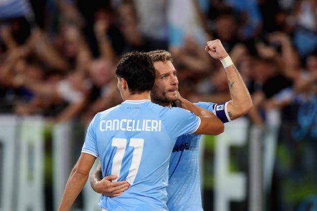 ROME, ITALY - SEPTEMBER 11: Nations League duo Ciro Immobile with his teammate Matteo Cancellieri of SS Lazio celebrates after scoring the opening goal during the Serie A match between SS Lazio and Hellas Verona at Stadio Olimpico on September 11, 2022 in Rome, Italy. (Photo by Paolo Bruno/Getty Images)