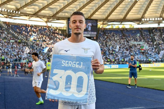 ROME, ITALY - SEPTEMBER 11: Enrico Lotito rewards Sergej Milinkovic Savic of SS Lazio players for 300 appearances with the Lazio shirt prior the Serie A match between SS Lazio and Hellas Verona at Stadio Olimpico on September 11, 2022 in Rome, Italy. (Photo by Marco Rosi - SS Lazio/Getty Images)