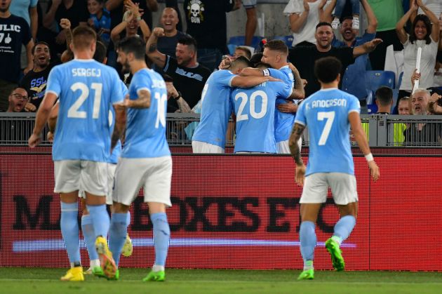 ROME, ITALY - SEPTEMBER 03: Mattia Zaccagni of SS Lazio celebrates with teammates after scoring the opening goal during the Serie A match between SS Lazio and SSC Napoli at Stadio Olimpico on September 03, 2022 in Rome, Italy. (Photo by Marco Rosi - SS Lazio/Getty Images)