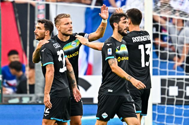 GENOA, ITALY - AUGUST 31: Ciro Immobile of Lazio (2nd from L) celebrates with his team-mates Mattia Zaccagni, Luis Alberto and Alessio Romagnoli after scoring a goal during the Serie A match between UC Sampdoria and SS Lazio at Stadio Luigi Ferraris on August 31, 2022 in Genoa, Italy. (Photo by Simone Arveda/Getty Images)