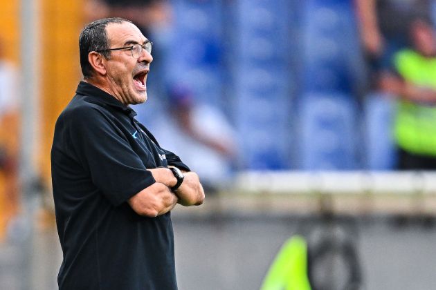 GENOA, ITALY - AUGUST 31: Maurizio Sarri head coach of Lazio reacts during the Serie A match between UC Sampdoria and SS Lazio at Stadio Luigi Ferraris on August 31, 2022 in Genoa, Italy. (Photo by Simone Arveda/Getty Images)