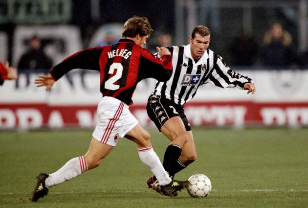 21 Nov 1999: Zinedine Zidane of Juventus takes on Thomas Helveg of AC Milan during the Italian Serie match at the Stadio Delle Alpi in Turin, Italy. Mandatory Credit: Claudio Villa /Allsport