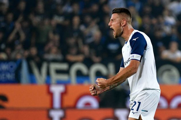 BERGAMO, ITALY - OCTOBER 23: Arsenal target Sergej Milinkovic-Savic celebrates a victory after the Serie A match between Atalanta BC and SS Lazio at Gewiss Stadium on October 23, 2022 in Bergamo, Italy. (Photo by Marco Rosi - SS Lazio/Getty Images)