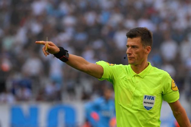 French referee Benoit Bastien gestures during the French L1 football match between Olympique Marseille (OM) and Stade Rennais FC (Rennes) at Stade Velodrome in Marseille, southern France on September 18, 2022. (Photo by Nicolas TUCAT / AFP) (Photo by NICOLAS TUCAT/AFP via Getty Images)