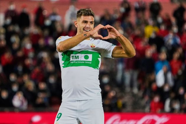 MALLORCA, SPAIN - NOVEMBER 07: Lucas Boye of Elche CF celebrates scoring his teams first goal during the La Liga Santander match between RCD Mallorca and Elche CF at Estadio de Son Moix on November 07, 2021 in Mallorca, Spain. (Photo by Rafa Babot/Getty Images)