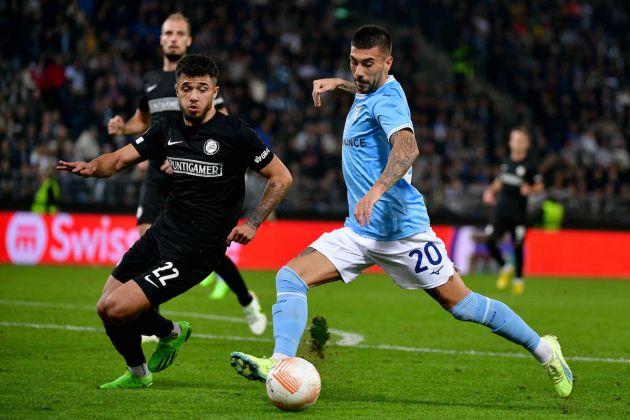 GRAZ, AUSTRIA - OCTOBER 06: Mattia Zaccagnij of SS Lazio competes for the ball with David Affengruber of SK Sturm Graz during the UEFA Europa League group F match between SK Sturm Graz and SS Lazio at Merkur Arena on October 06, 2022 in Graz, Austria. (Photo by Marco Rosi - SS Lazio/Getty Images)