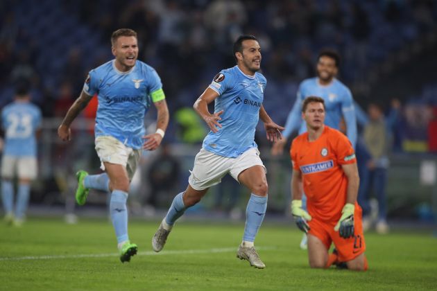 ROME, ITALY - OCTOBER 13: Pedro of SS Lazio celebrates after scoring the team's second goal during the UEFA Europa League group F match between SS Lazio and SK Sturm Graz at Stadio Olimpico on October 13, 2022 in Rome, Italy. (Photo by Paolo Bruno/Getty Images)