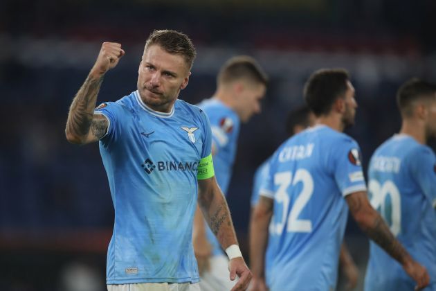 ROME, ITALY - OCTOBER 13: Ciro Immobile of SS Lazio celebrates after scoring the opening goal from penalty spot during the UEFA Europa League group F match between SS Lazio and SK Sturm Graz at Stadio Olimpico on October 13, 2022 in Rome, Italy. (Photo by Paolo Bruno/Getty Images)