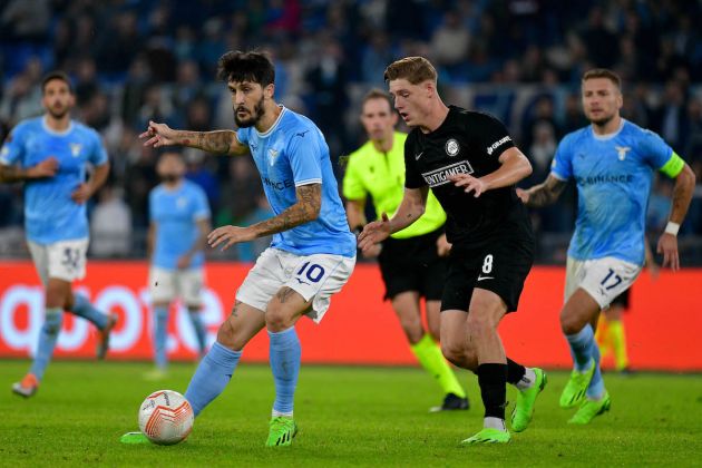 ROME, ITALY - OCTOBER 13: Luis Alberto of SS Lazio compete for the ball with Alexander Prass of SK Sturm Graz during the UEFA Europa League group F match between SS Lazio and SK Sturm Graz at Stadio Olimpico on October 13, 2022 in Rome, Italy. (Photo by Marco Rosi - SS Lazio/Getty Images)