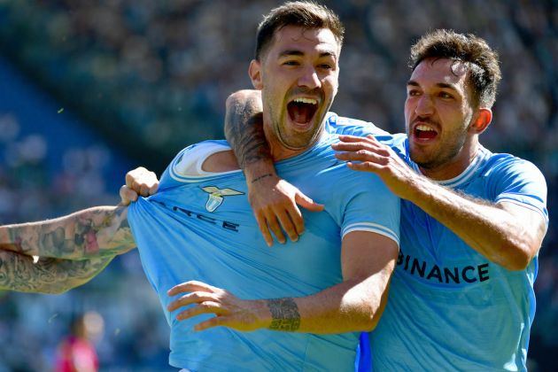 ROME, ITALY - OCTOBER 02: Alessio Romagnoli of SS Lazio celebrate a second goal with his teammates during the Serie A match between SS Lazio and Spezia Calcio at Stadio Olimpico on October 02, 2022 in Rome, Italy. (Photo by Marco Rosi - SS Lazio/Getty Images)