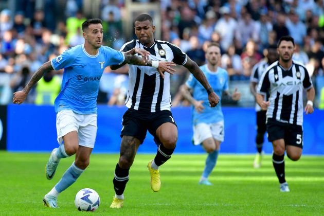 ROME, ITALY - OCTOBER 16: Matias Vecino of SS Lazio compete for the ball with Wallace of Udinese Calcio during the Serie A match between SS Lazio and Udinese Calcio at Stadio Olimpico on October 16, 2022 in Rome, Italy. (Photo by Marco Rosi - SS Lazio/Getty Images)