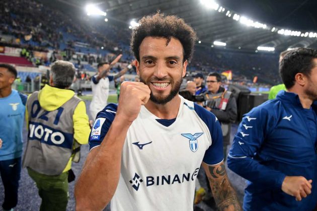 ROME, ITALY - NOVEMBER 06: Felipe Anderson of SS Lazio celebrates a victory after the Serie A match between AS Roma and SS Lazio at Stadio Olimpico on November 06, 2022 in Rome, Italy. (Photo by Marco Rosi - SS Lazio/Getty Images)