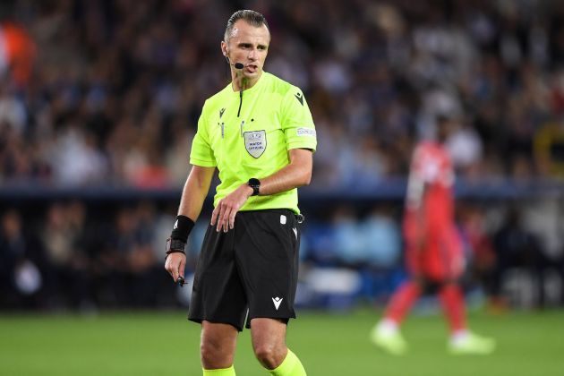 BRUGGE, BELGIUM - SEPTEMBER 07: Referee Irfan Peljto during the UEFA Champions League group B match between Club Brugge KV and Bayer 04 Leverkusen at Jan Breydel Stadium on September 07, 2022 in Brugge, Belgium. (Photo by Frederic Scheidemann/Getty Images)