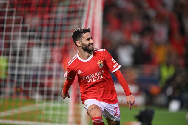 Benfica forward Rafa Silva celebrates scoring his team's third goal during the UEFA Champions League 1st round day 5, Group H football match between SL Benfica and Juventus at the Luz stadium in Lisbon on October 25, 2022. (Photo by PATRICIA DE MELO MOREIRA / AFP) (Photo by PATRICIA DE MELO MOREIRA/AFP via Getty Images)