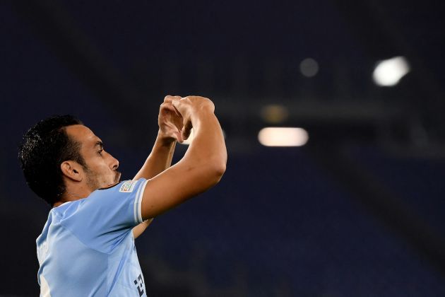 Lazio forward Pedro celebrates scoring his team's second goal during the UEFA Europa League Group F football match between SS Lazio (ITA) and FC Midtjylland (DEN) at The Olympic Stadium in Rome on October 27, 2022. (Photo by Filippo MONTEFORTE / AFP) (Photo by FILIPPO MONTEFORTE/AFP via Getty Images)