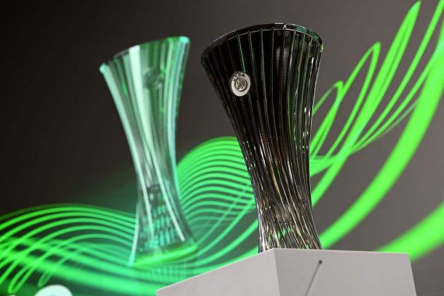 The trophy of the UEFA Conference League is pictured before the draw for the round of 16 of the 2022/2023 UEFA Conference League football tournament in Nyon on November 7, 2022. (Photo by Fabrice COFFRINI / AFP) (Photo by FABRICE COFFRINI/AFP via Getty Images)