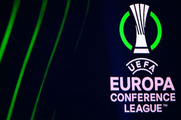 A photograph taken on August 26, 2022 shows the logo during the draw for the UEFA Europa Conference League football tournament group stage 2022-2023 in Istanbul on August 26, 2022. (Photo by OZAN KOSE / AFP) (Photo by OZAN KOSE/AFP via Getty Images)