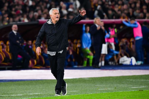 AS Roma coach Jose Mourinho reacts during the Italian Serie A football match between AS Rome and Lazio on November 6, 2022 at the Olympic stadium in Rome. (Photo by Tiziana FABI / AFP) (Photo by TIZIANA FABI/AFP via Getty Images)