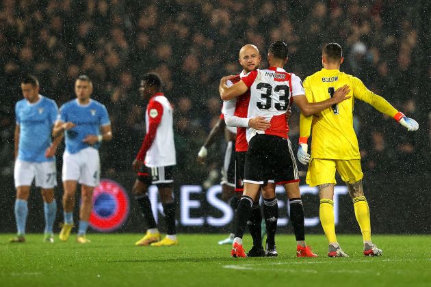 ROTTERDAM, NETHERLANDS - NOVEMBER 03: Gernot Trauner embraces David Hancko of Feyenoord after the final whistle of the UEFA Europa League group F match between Feyenoord and SS Lazio at Feyenoord Stadium on November 03, 2022 in Rotterdam, Netherlands. (Photo by Dean Mouhtaropoulos/Getty Images)