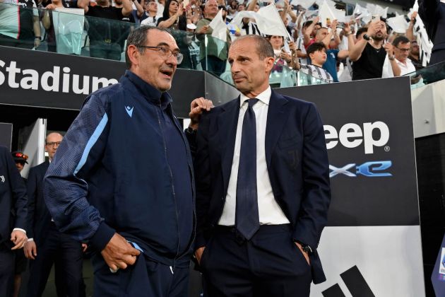 TURIN, ITALY - MAY 16: SS Lazio head coach Maurizio Sarri and Juventus head coach Massimiliano Allegri prior the Serie A match between Juventus and SS Lazio at Allianz Stadium on May 16, 2022 in Turin, Italy. (Photo by Marco Rosi - SS Lazio/Getty Images)