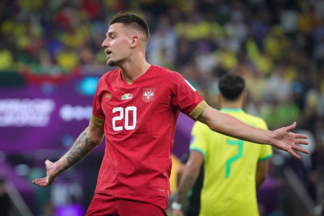 Serbian Sergej Milinkovic-Savic looks dejected during a soccer game between Brazil and Serbia, in Group G of the FIFA 2022 World Cup in Lusail, State of Qatar on Thursday 24 November 2022. BELGA PHOTO VIRGINIE LEFOUR (Photo by VIRGINIE LEFOUR / BELGA MAG / Belga via AFP) (Photo by VIRGINIE LEFOUR/BELGA MAG/AFP via Getty Images)