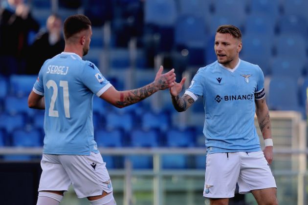 ROME, ITALY - FEBRUARY 12: Ciro Immobile with his teammate Sergej Milinkovic-Savic of SS Lazio celebrates after scoring the opening goal from penalty spot during the Serie A match between SS Lazio and Bologna FC at Stadio Olimpico on February 12, 2022 in Rome, Italy. (Photo by Paolo Bruno/Getty Images)