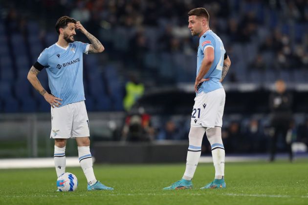 ROME, ITALY - MARCH 14: Sergej Milinkovic Savic and Luis alberto of SS Lazio speak during the Serie A match between SS Lazio and Venezia FC at Stadio Olimpico on March 14, 2022 in Rome, Italy. (Photo by Paolo Bruno/Getty Images)