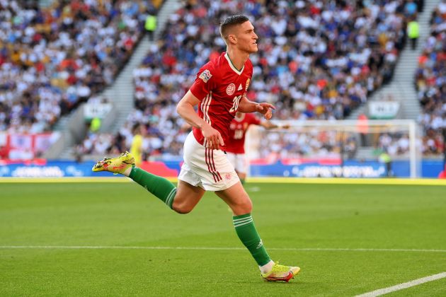 WOLVERHAMPTON, ENGLAND - JUNE 14: Roland Sallai of Hungary celebrates after scoring their team's first goal during the UEFA Nations League League A Group 3 match between England and Hungary at Molineux on June 14, 2022 in Wolverhampton, England. (Photo by Shaun Botterill/Getty Images)