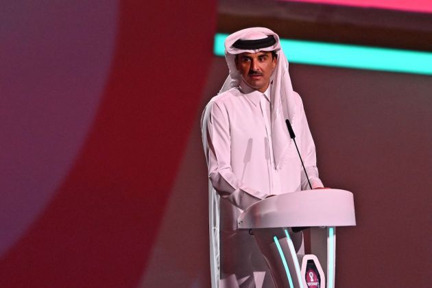 Qatar's Emir Sheikh Tamim bin Hamad al-Thani speaks during the draw for the 2022 World Cup in Qatar at the Doha Exhibition and Convention Center on April 1, 2022. (Photo by François-Xavier MARIT / AFP) (Photo by FRANCOIS-XAVIER MARIT/AFP via Getty Images)