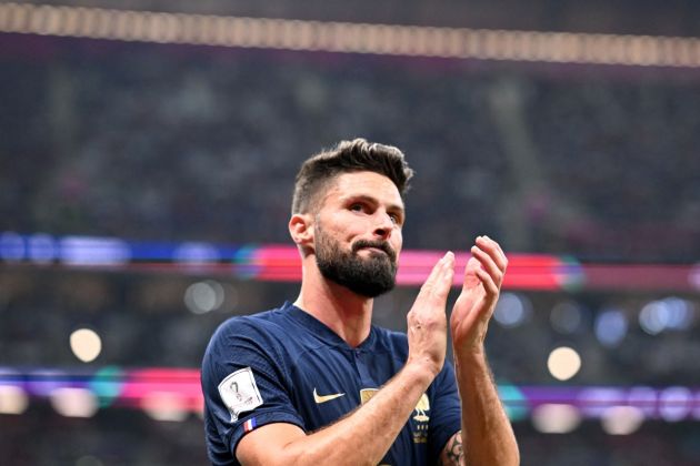 France's forward #09 Olivier Giroud greets the crowd after being substituted during the Qatar 2022 World Cup semi-final football match between France and Morocco at the Al-Bayt Stadium in Al Khor, north of Doha on December 14, 2022. (Photo by Kirill KUDRYAVTSEV / AFP) (Photo by KIRILL KUDRYAVTSEV/AFP via Getty Images)