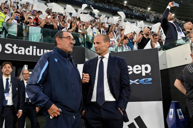 TURIN, ITALY - MAY 16: SS Lazio head coach Maurizio Sarri and Juventus head coach Massimiliano Allegri prior the Serie A match between Juventus and SS Lazio at Allianz Stadium on May 16, 2022 in Turin, Italy. (Photo by Marco Rosi - SS Lazio/Getty Images)