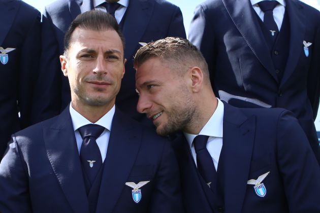 ROME, ITALY - OCTOBER 04: SS Lazio players Stefan Radu and Ciro Immobile pose during the SS Lazio official team photo at Formello sport centre on October 4, 2022 in Rome, Italy. (Photo by Paolo Bruno/Getty Images)