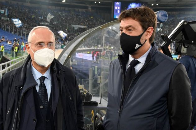 ROME, ITALY - NOVEMBER 20: Lazio President Claudio Lotito an Juventus President Andrea Agnelli prior the Serie A match between SS Lazio and Juventus at Stadio Olimpico on November 20, 2021 in Rome, Italy. (Photo by Marco Rosi - SS Lazio/Getty Images)